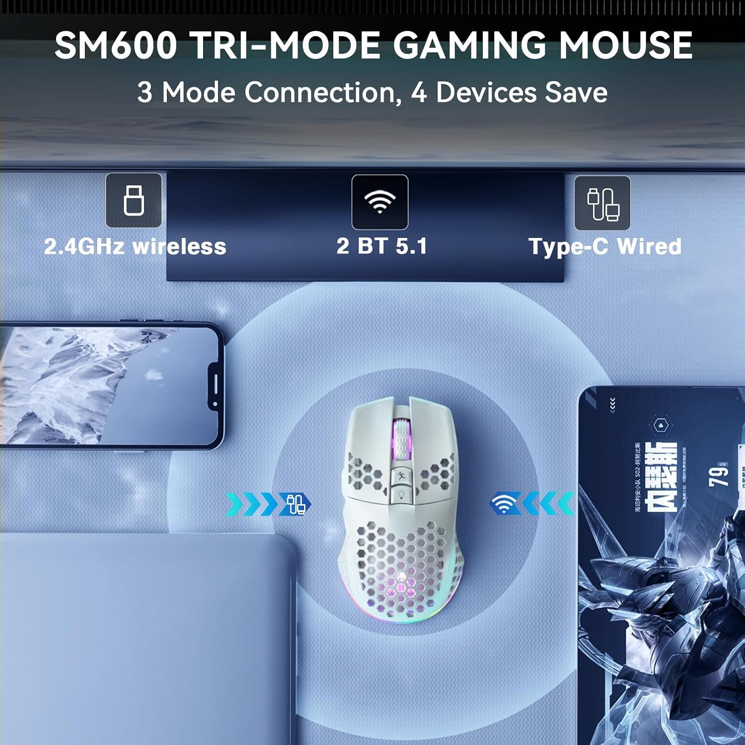SOLAKAKA SM600 Honeycomb Shell Gaming Mouse Wireless,white