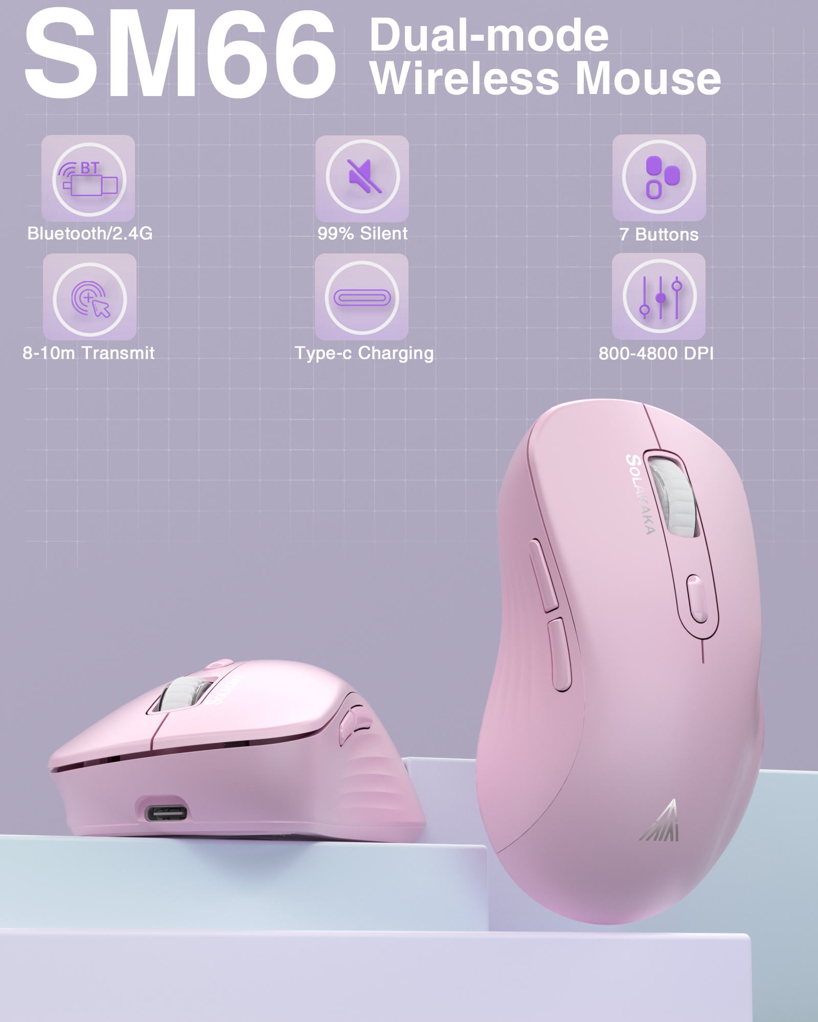 SM67 Dual Mode Wireless Gaming Mouse, Rechargeable RGB Ergonomic Mice with Adjustable DPI ,pink