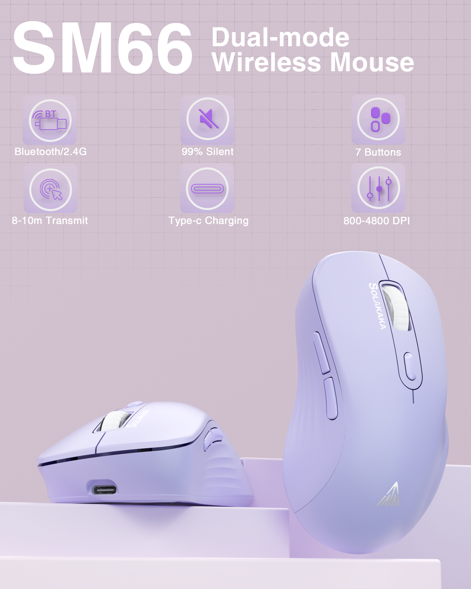 SM68 Dual Mode Wireless Gaming Mouse, Rechargeable RGB Ergonomic Mice with Adjustable DPI ,purple