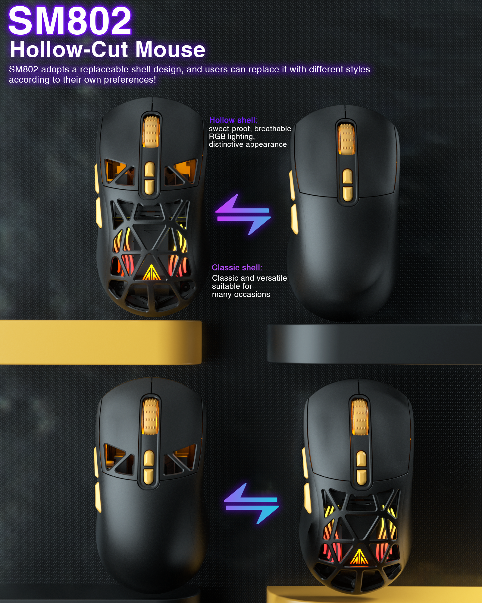 SM802 Tri‑Mode Gaming Mouse, Adjustable DPI, RGB Backlight, Ergonomic Wireless Mouse,black