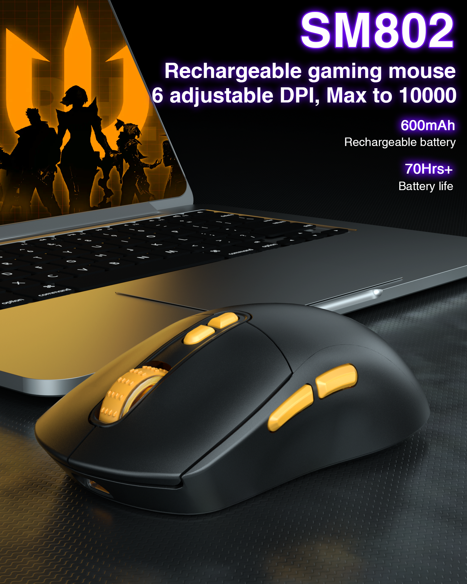 SM802 Tri‑Mode Gaming Mouse, Adjustable DPI, RGB Backlight, Ergonomic Wireless Mouse,black
