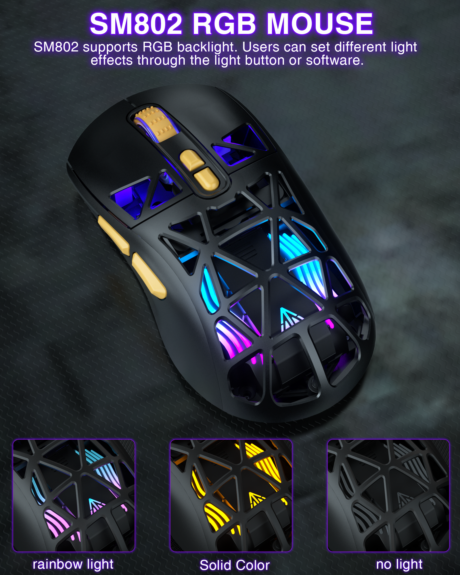 SM802 Tri‑Mode Gaming Mouse, Adjustable DPI, RGB Backlight, Ergonomic Wireless Mouse,black