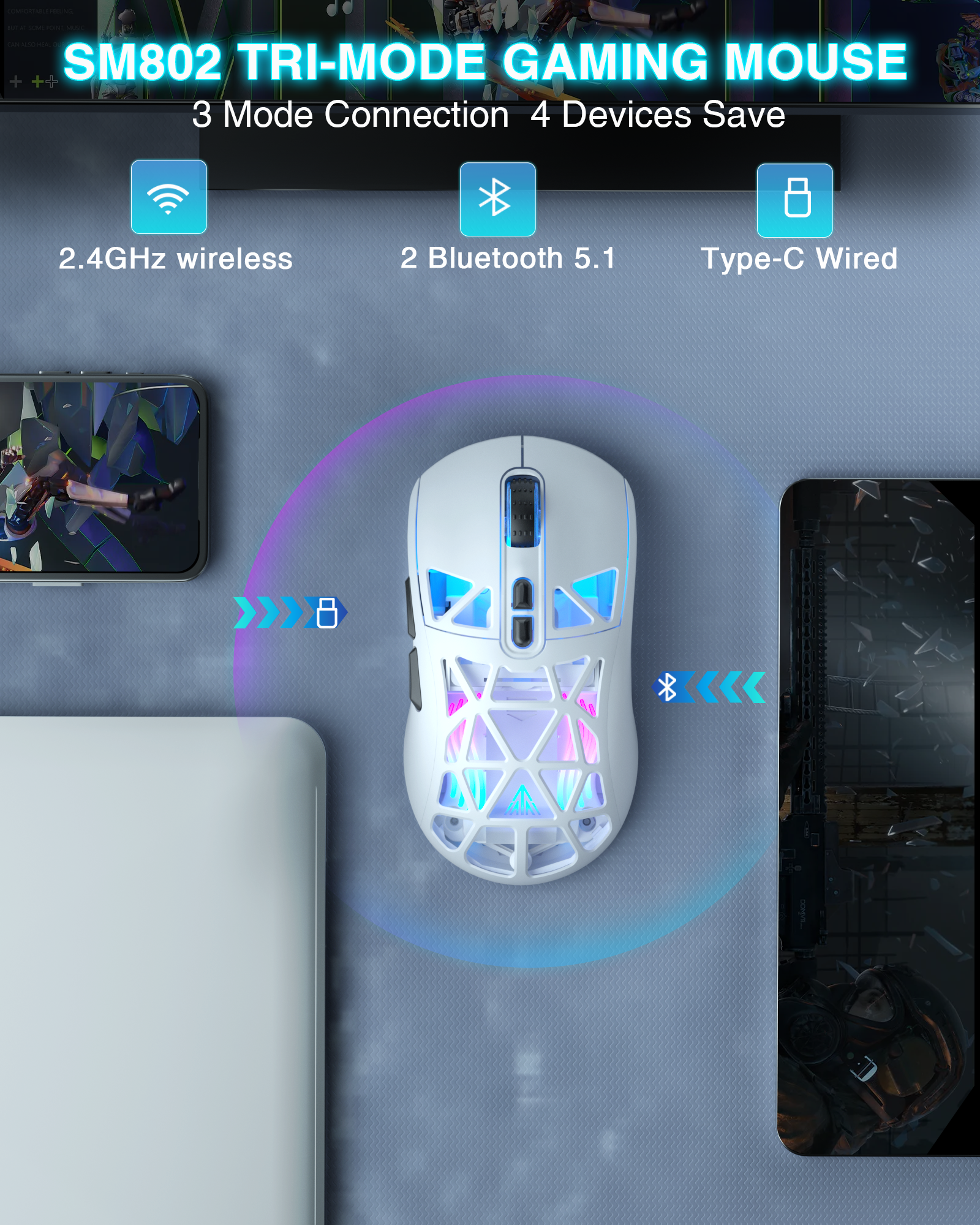 SM802 Tri‑Mode Gaming Mouse, Adjustable DPI, RGB Backlight, Ergonomic Wireless Mouse,white