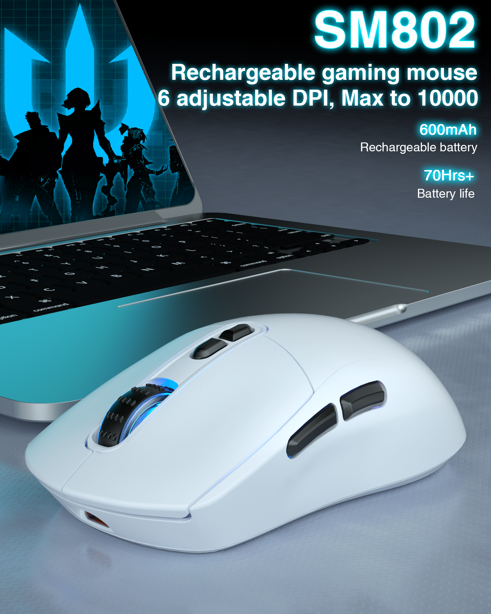 SM802 Tri‑Mode Gaming Mouse, Adjustable DPI, RGB Backlight, Ergonomic Wireless Mouse,white
