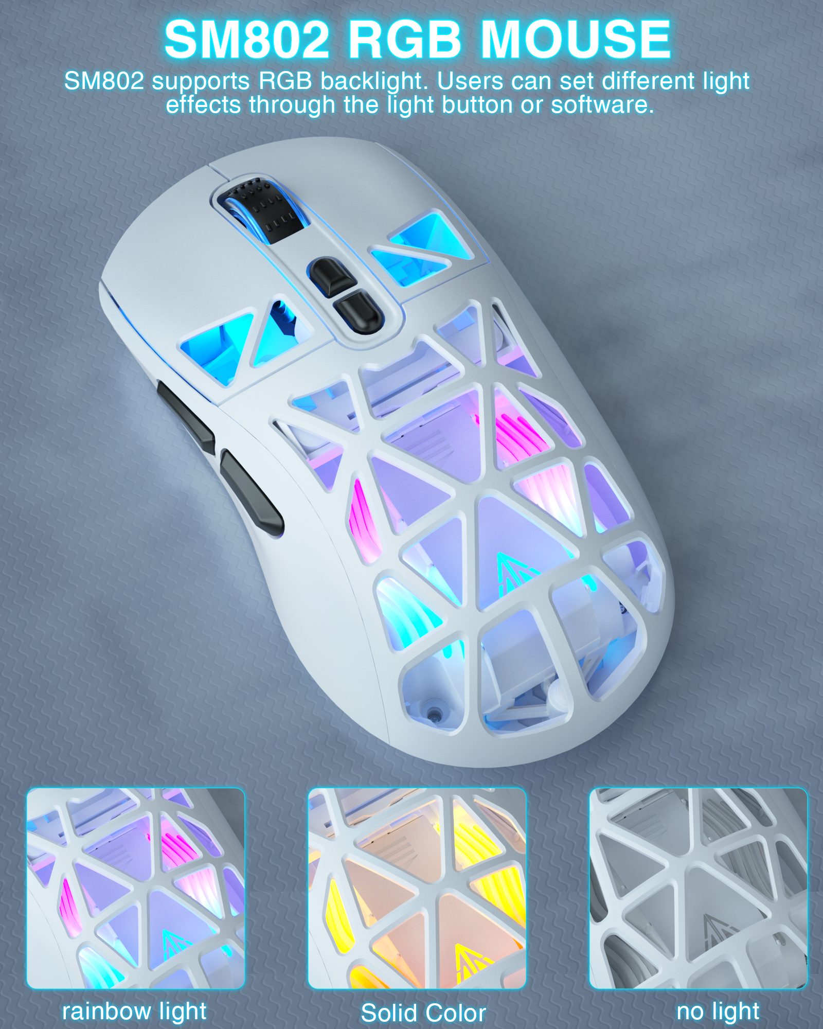 SM802 Tri‑Mode Gaming Mouse, Adjustable DPI, RGB Backlight, Ergonomic Wireless Mouse,white
