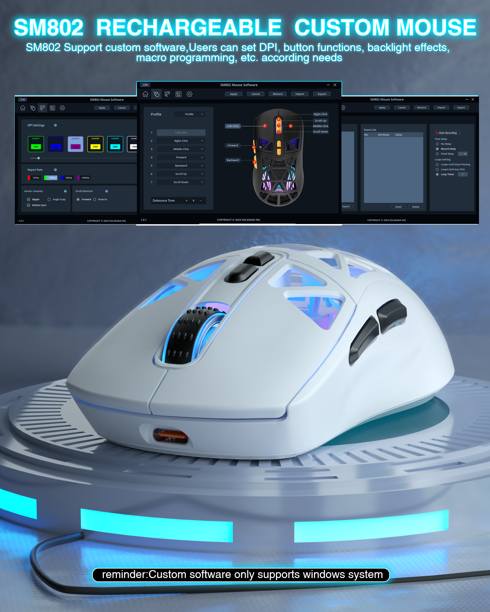 SM802 Tri‑Mode Gaming Mouse, Adjustable DPI, RGB Backlight, Ergonomic Wireless Mouse,white