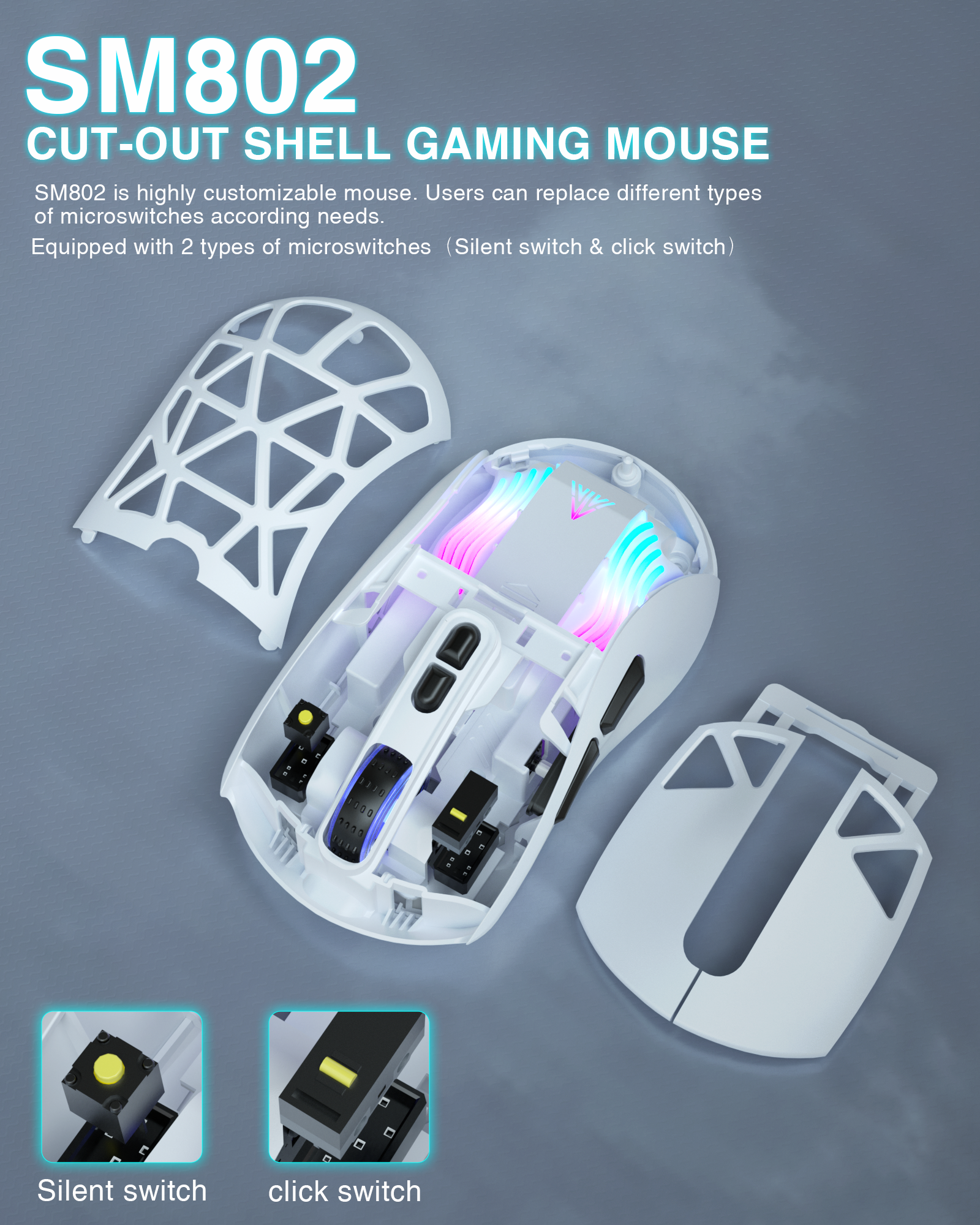 SM802 Tri‑Mode Gaming Mouse, Adjustable DPI, RGB Backlight, Ergonomic Wireless Mouse,white