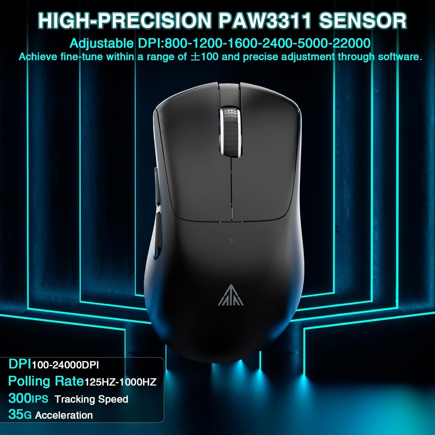 SOLAKAKA SM805 Tri-Mode Lightweight Wireless Gaming Mouse, 24000 DPI with Two Side Buttons，black