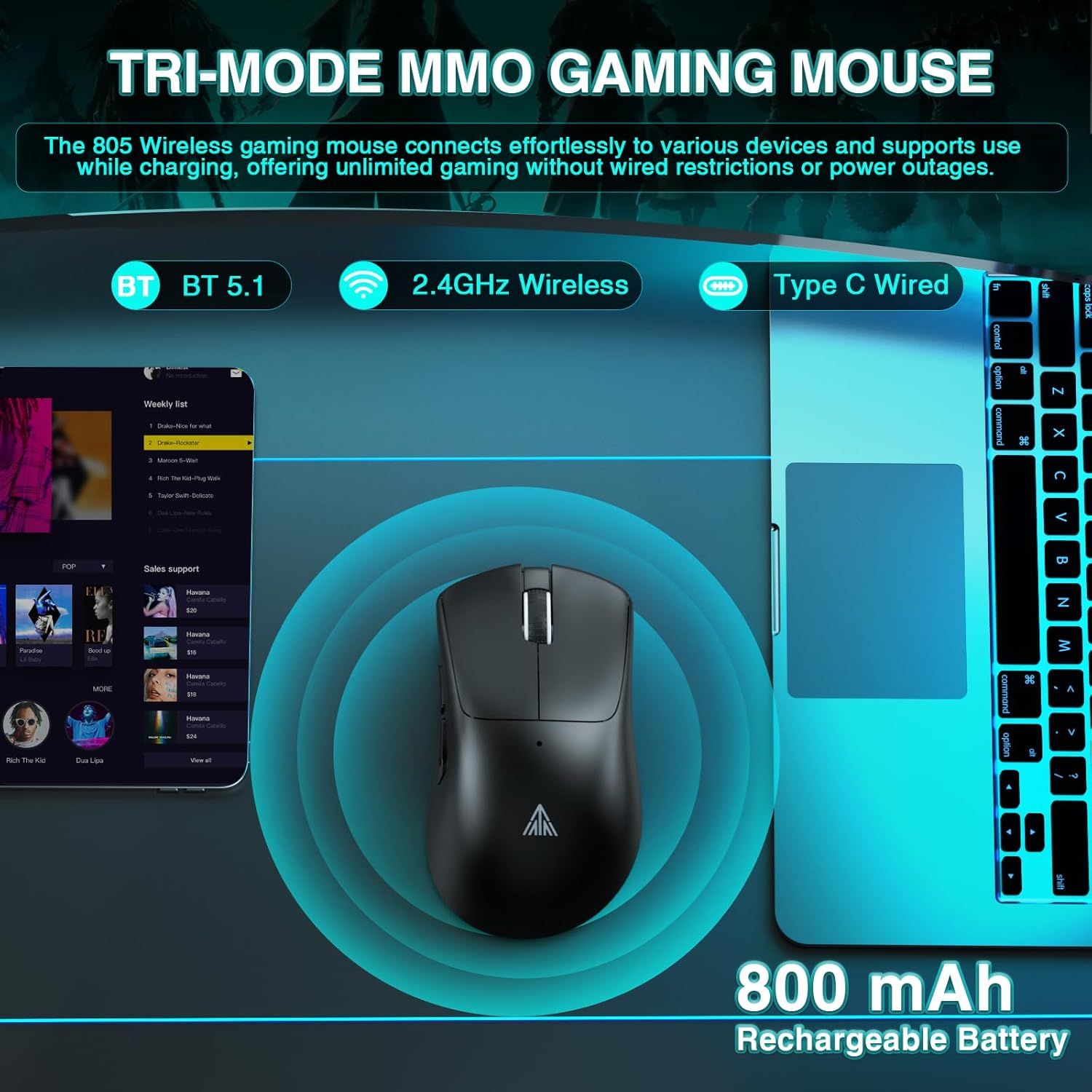 SOLAKAKA SM805 Tri-Mode Lightweight Wireless Gaming Mouse, 24000 DPI with Two Side Buttons，black