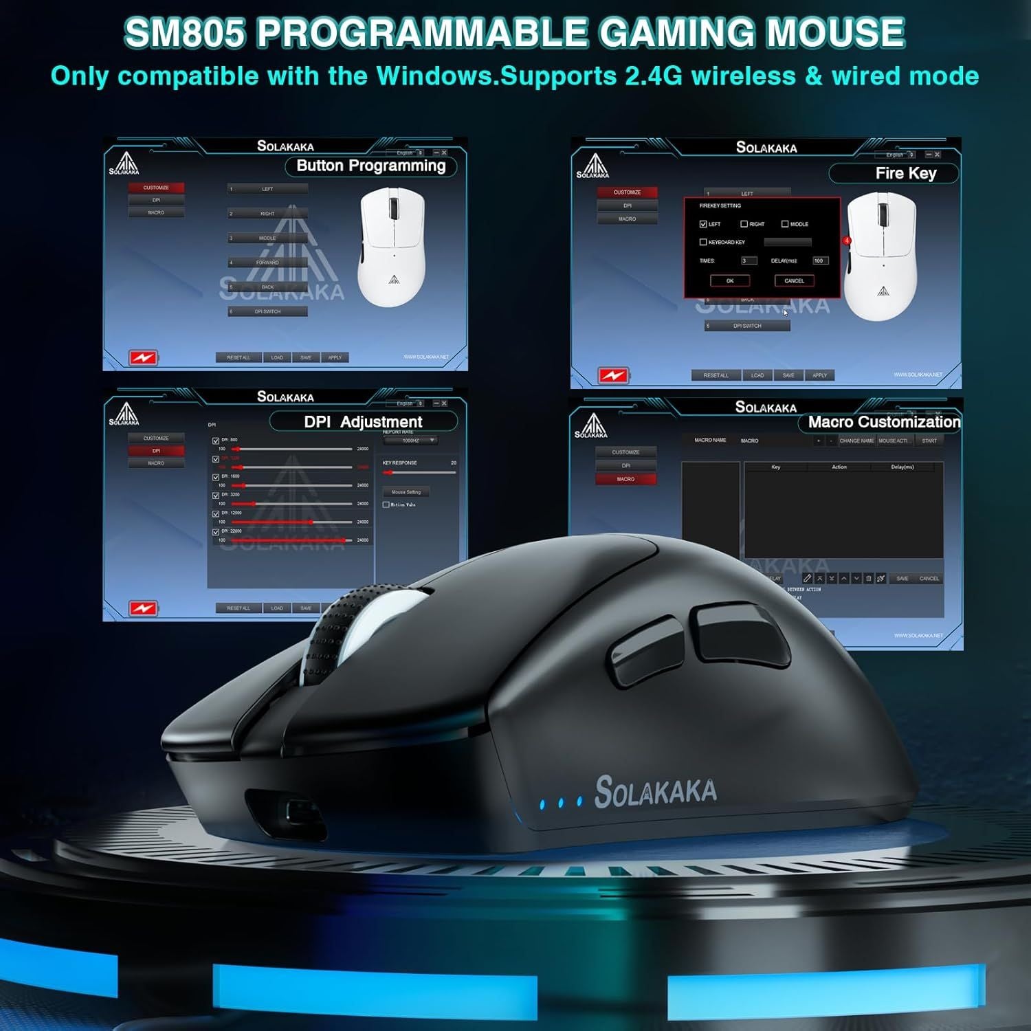 SOLAKAKA SM805 Tri-Mode Lightweight Wireless Gaming Mouse, 24000 DPI with Two Side Buttons，black