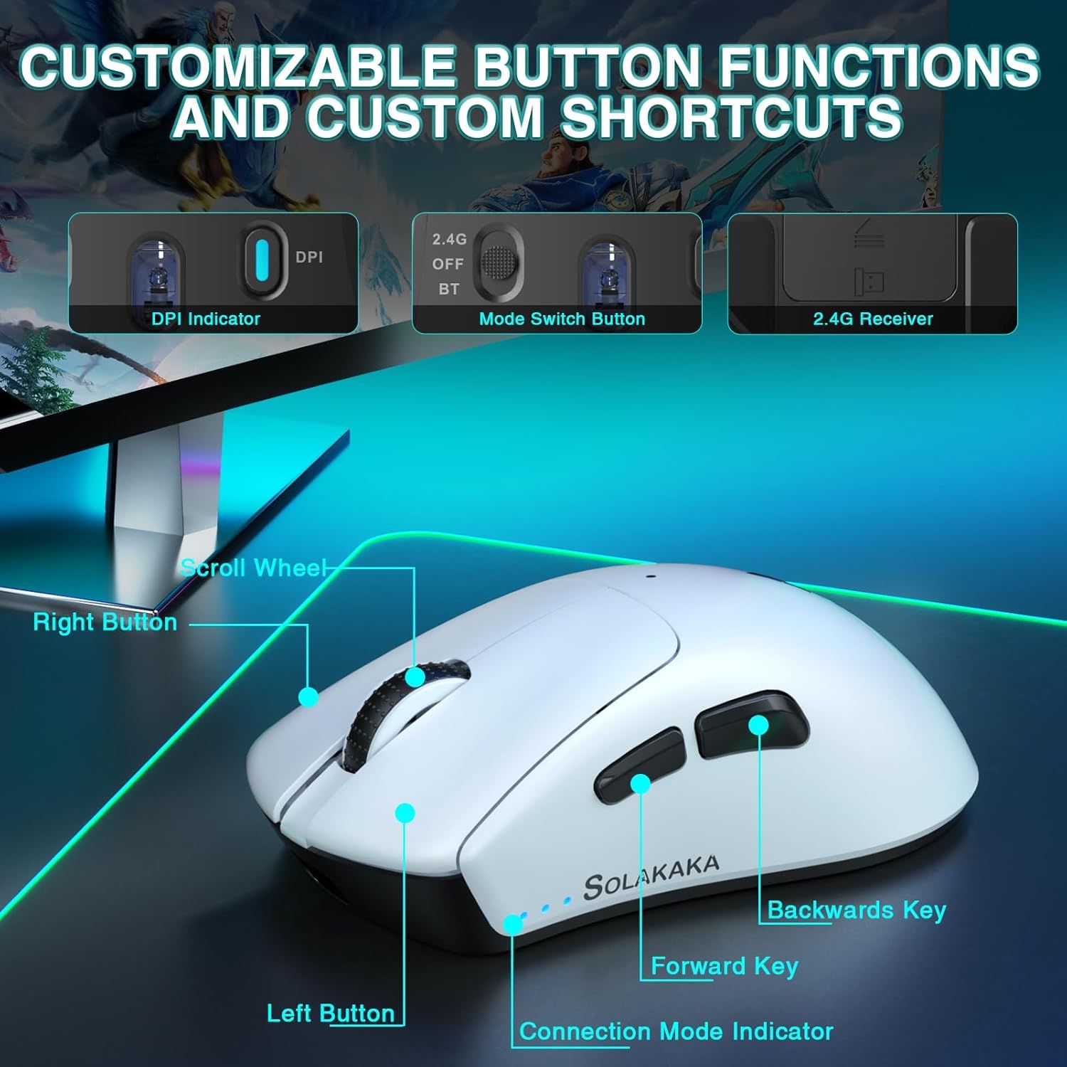 SOLAKAKA SM805 Tri-Mode Lightweight Wireless Gaming Mouse, 24000 DPI with Two Side Buttons，white