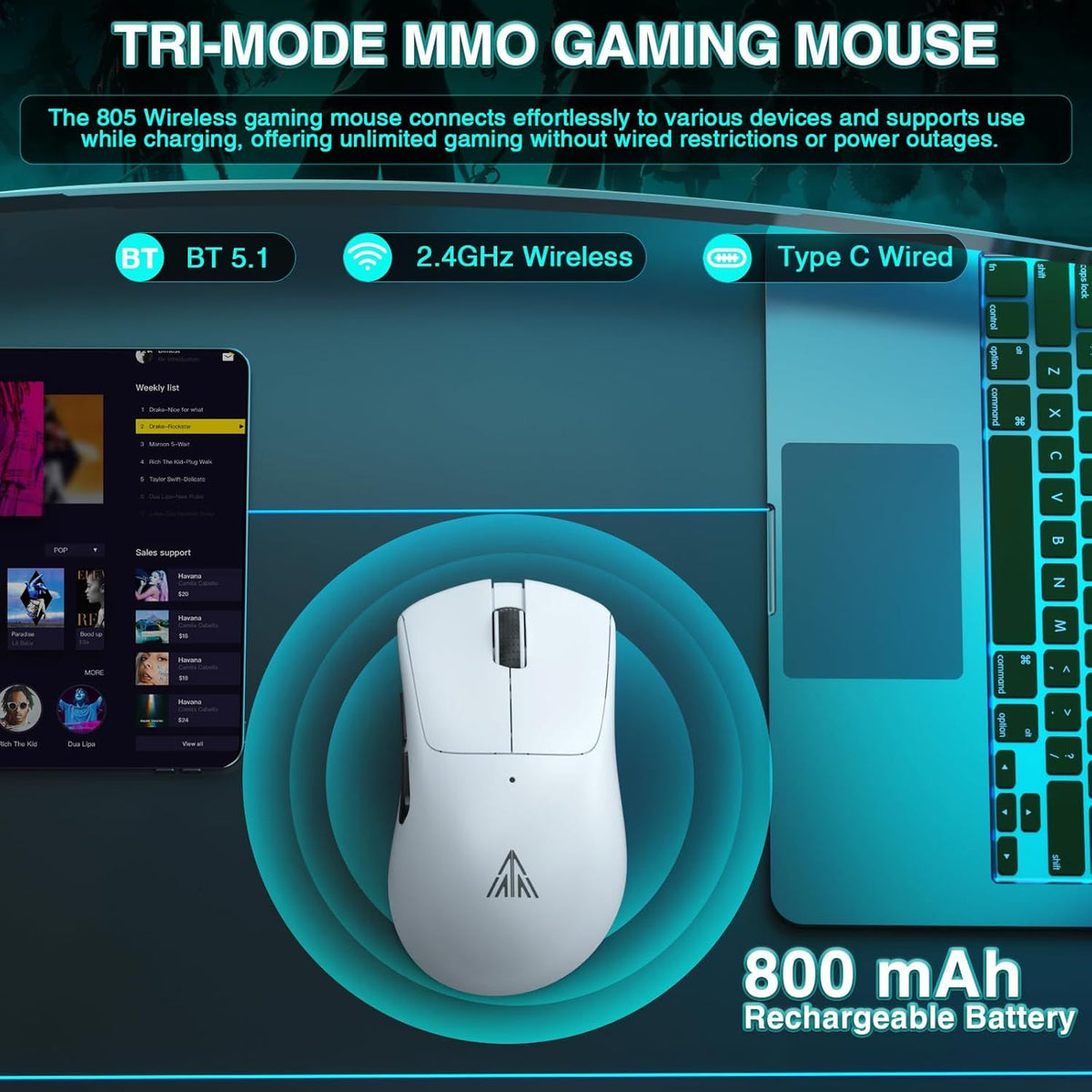 Tri‑Mode Wireless Gaming Mouse – 24000 DPI, 66g, PAW3311 Sensor, White