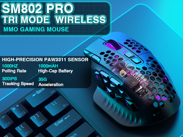 SM809pro Tri-Mode MM0 Wireless Gaming Mouse, Adjustable DPI RGB Backlight,black