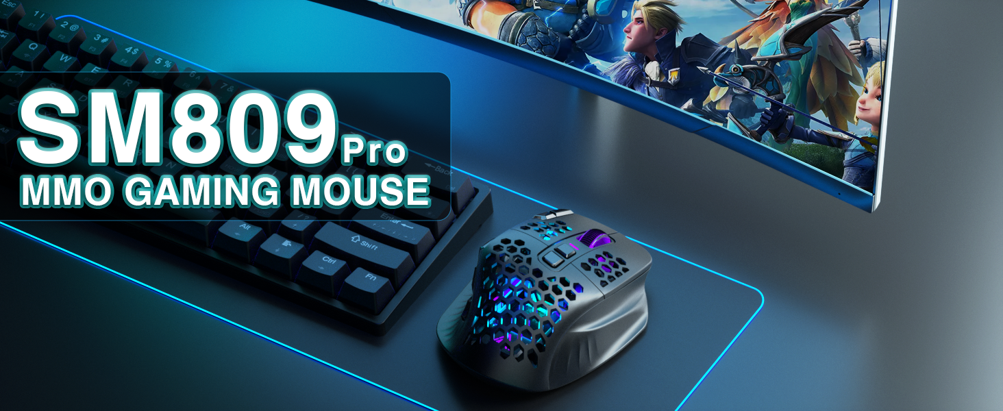 SM809pro Tri-Mode MM0 Wireless Gaming Mouse, Adjustable DPI RGB Backlight,black