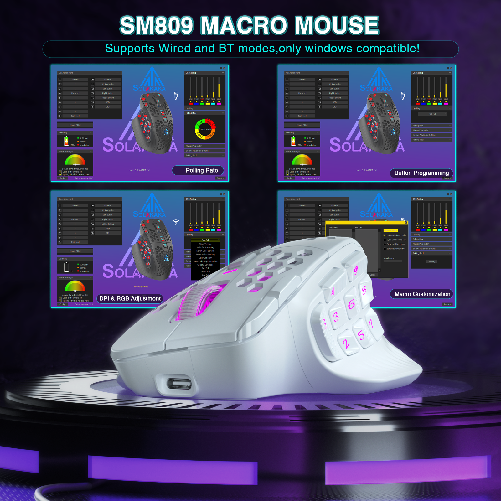 SM809pro Tri-Mode MM0 Wireless Gaming Mouse, Adjustable DPI RGB Backlight,white