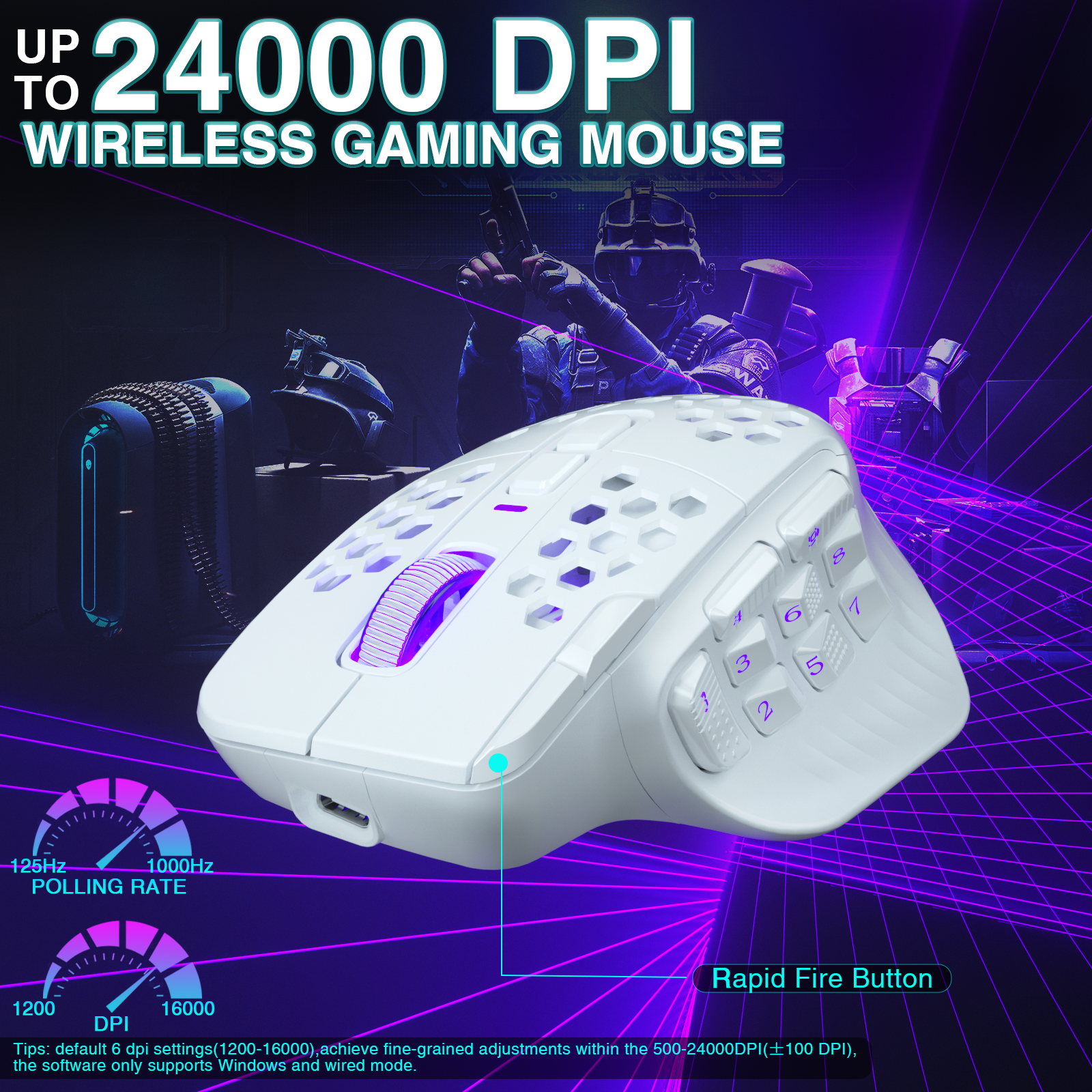SM809pro Tri-Mode MM0 Wireless Gaming Mouse, Adjustable DPI RGB Backlight,white