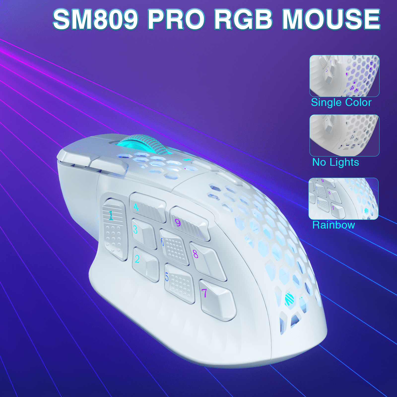 SM809pro Tri-Mode MM0 Wireless Gaming Mouse, Adjustable DPI RGB Backlight,white