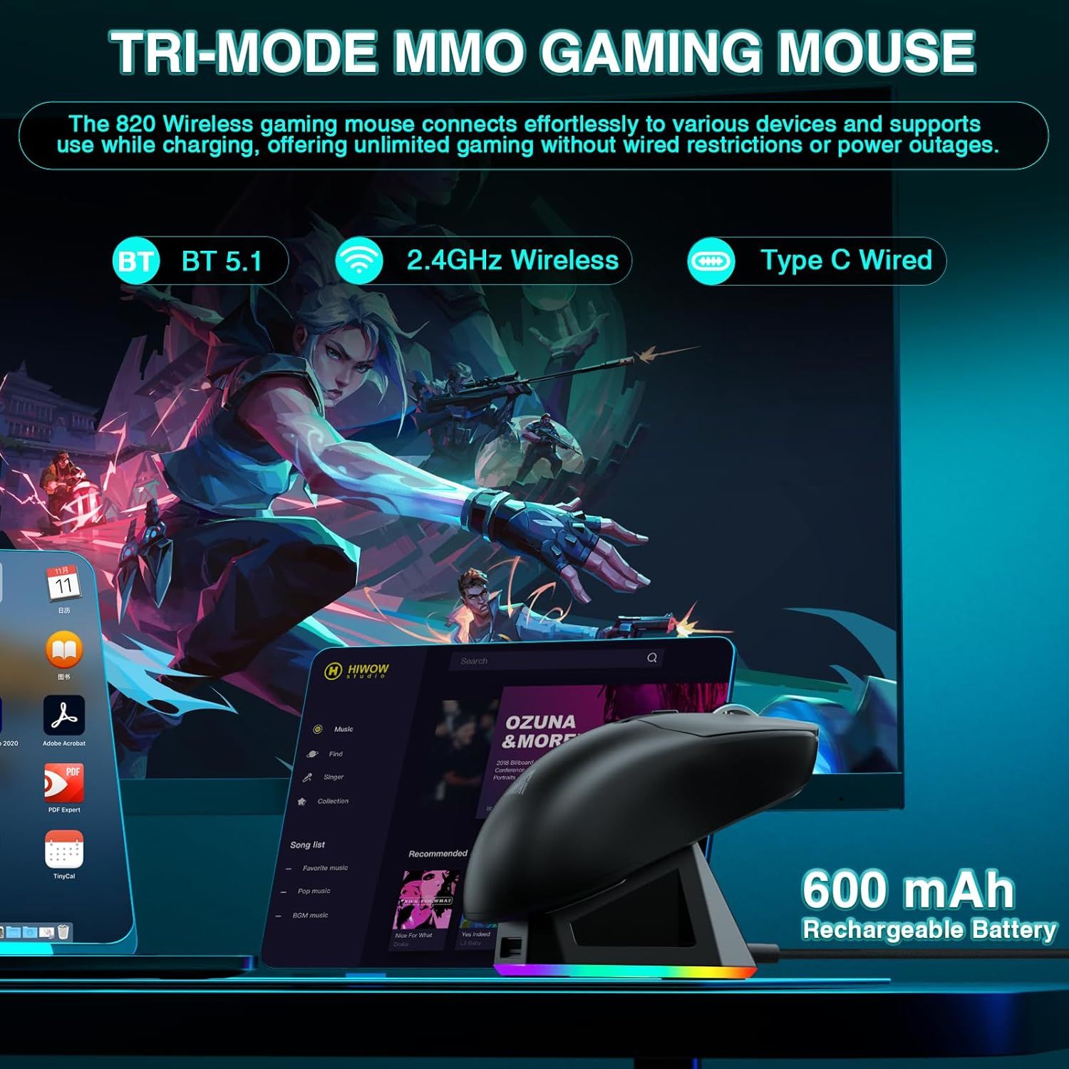 SOLAKAKA SM820 Wireless Gaming Mouse with RGB Charging Dock,24000 DPI Tri-Modes Wireless Mouse，black