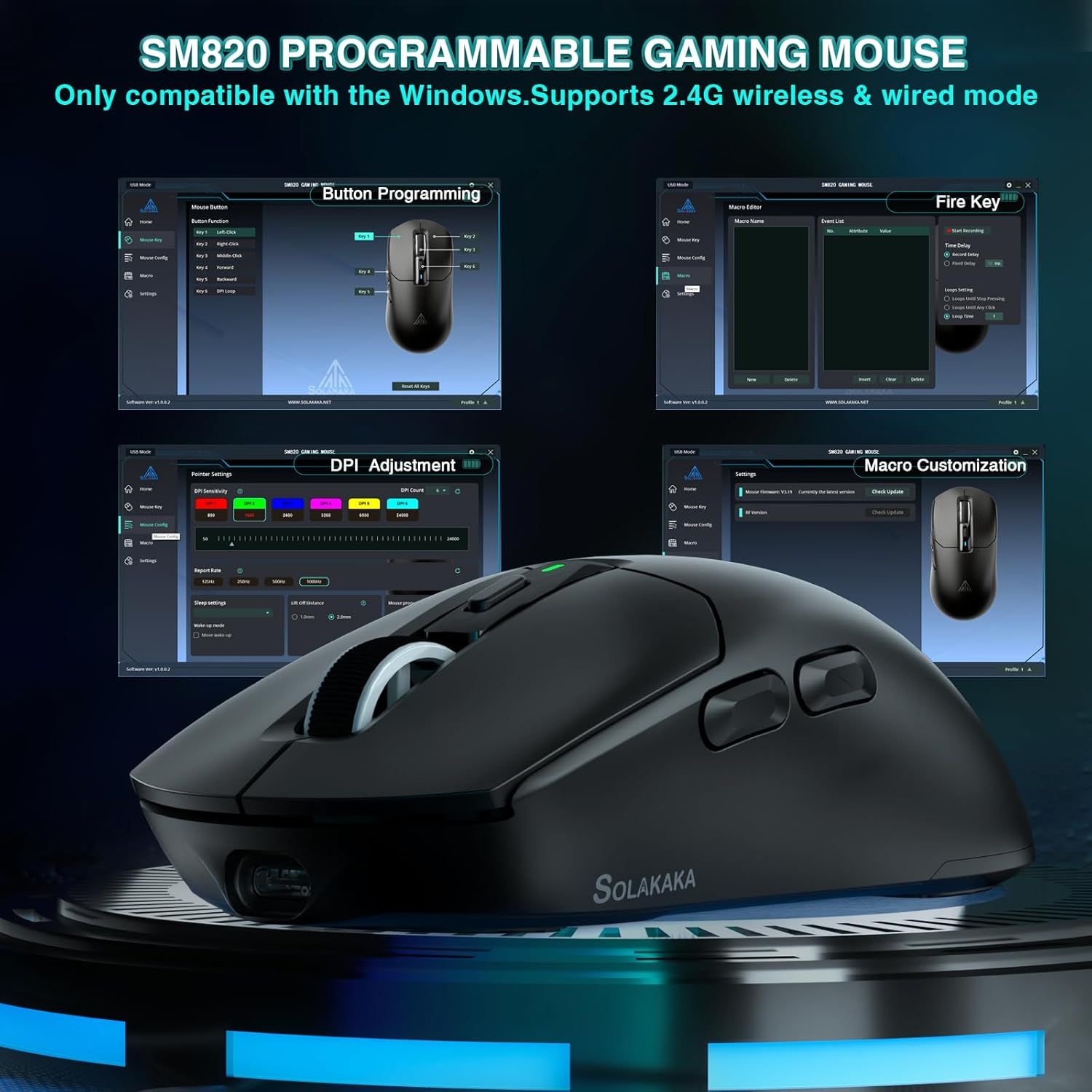 SOLAKAKA SM820 Wireless Gaming Mouse with RGB Charging Dock,24000 DPI Tri-Modes Wireless Mouse，black