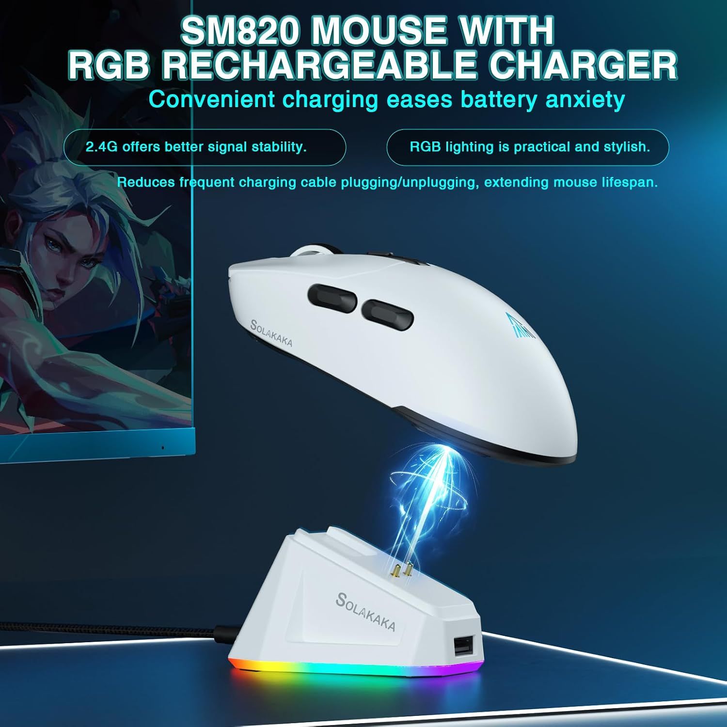 SOLAKAKA SM820 Wireless Gaming Mouse with RGB Charging Dock,24000 DPI Tri-Modes Wireless Mouse，white