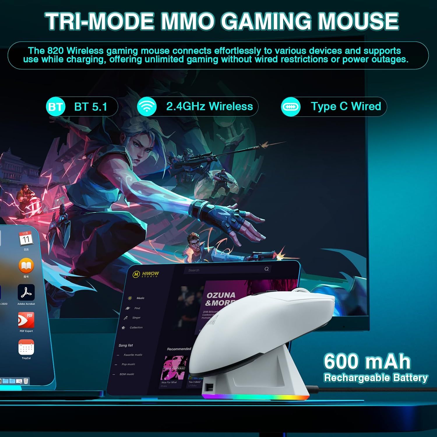 SOLAKAKA SM820 Wireless Gaming Mouse with RGB Charging Dock,24000 DPI Tri-Modes Wireless Mouse，white
