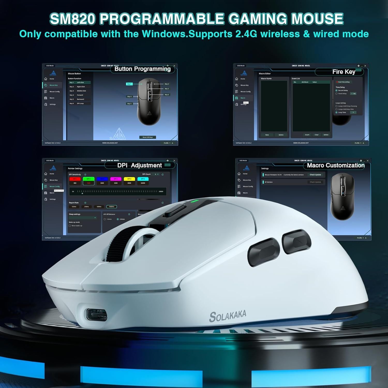 SOLAKAKA SM820 Wireless Gaming Mouse with RGB Charging Dock,24000 DPI Tri-Modes Wireless Mouse，white