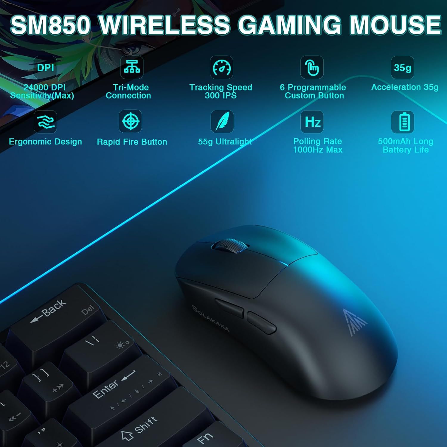 SOLAKAKA SM850 Ergonomic Tri-Mode Wireless RGB Gaming Mouse，black