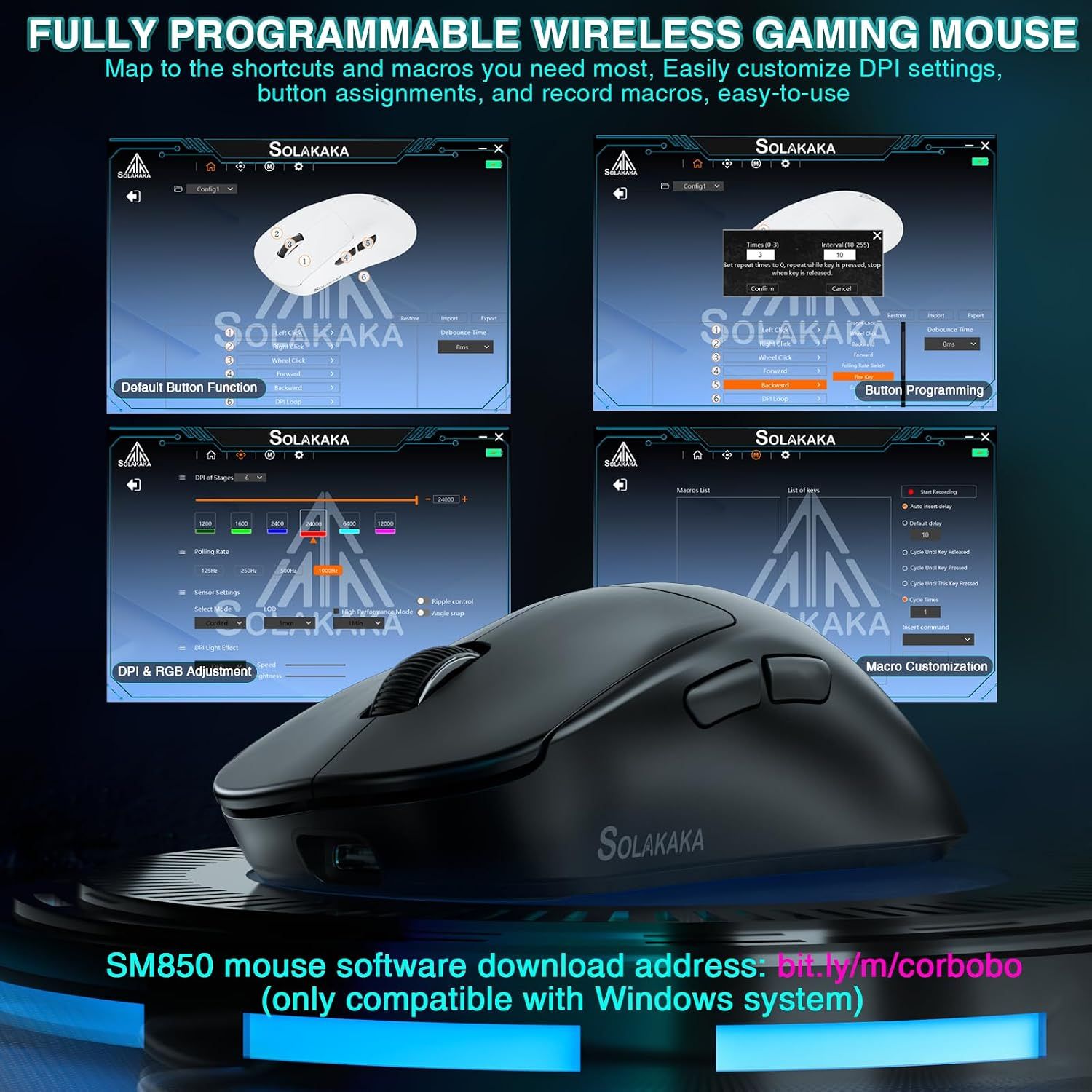 SOLAKAKA SM850 Ergonomic Tri-Mode Wireless RGB Gaming Mouse，black