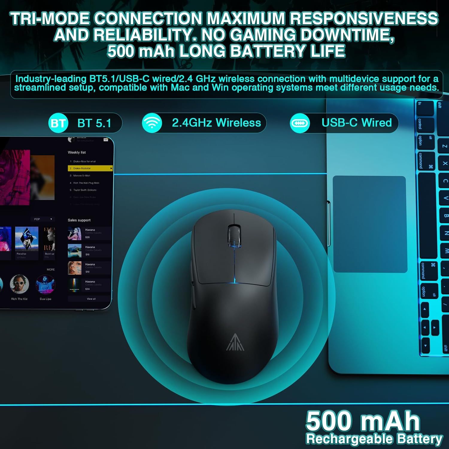 SOLAKAKA SM850 Ergonomic Tri-Mode Wireless RGB Gaming Mouse，black