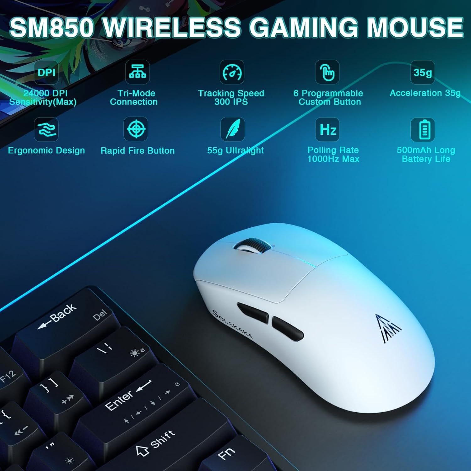 SOLAKAKA SM850 Ergonomic Tri-Mode Wireless RGB Gaming Mouse，white