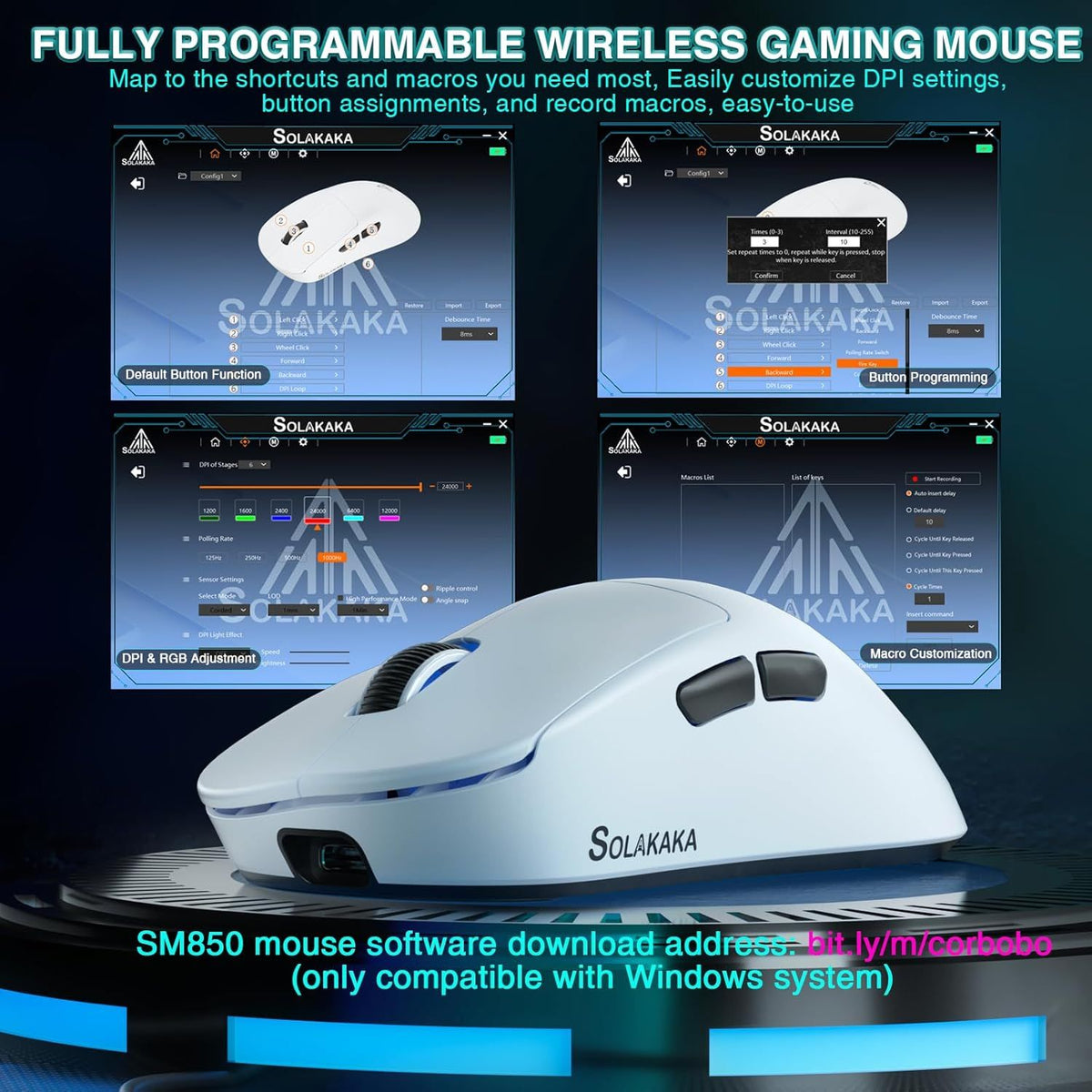 SOLAKAKA SM850 Ergonomic Tri-Mode Wireless RGB Gaming Mouse，white