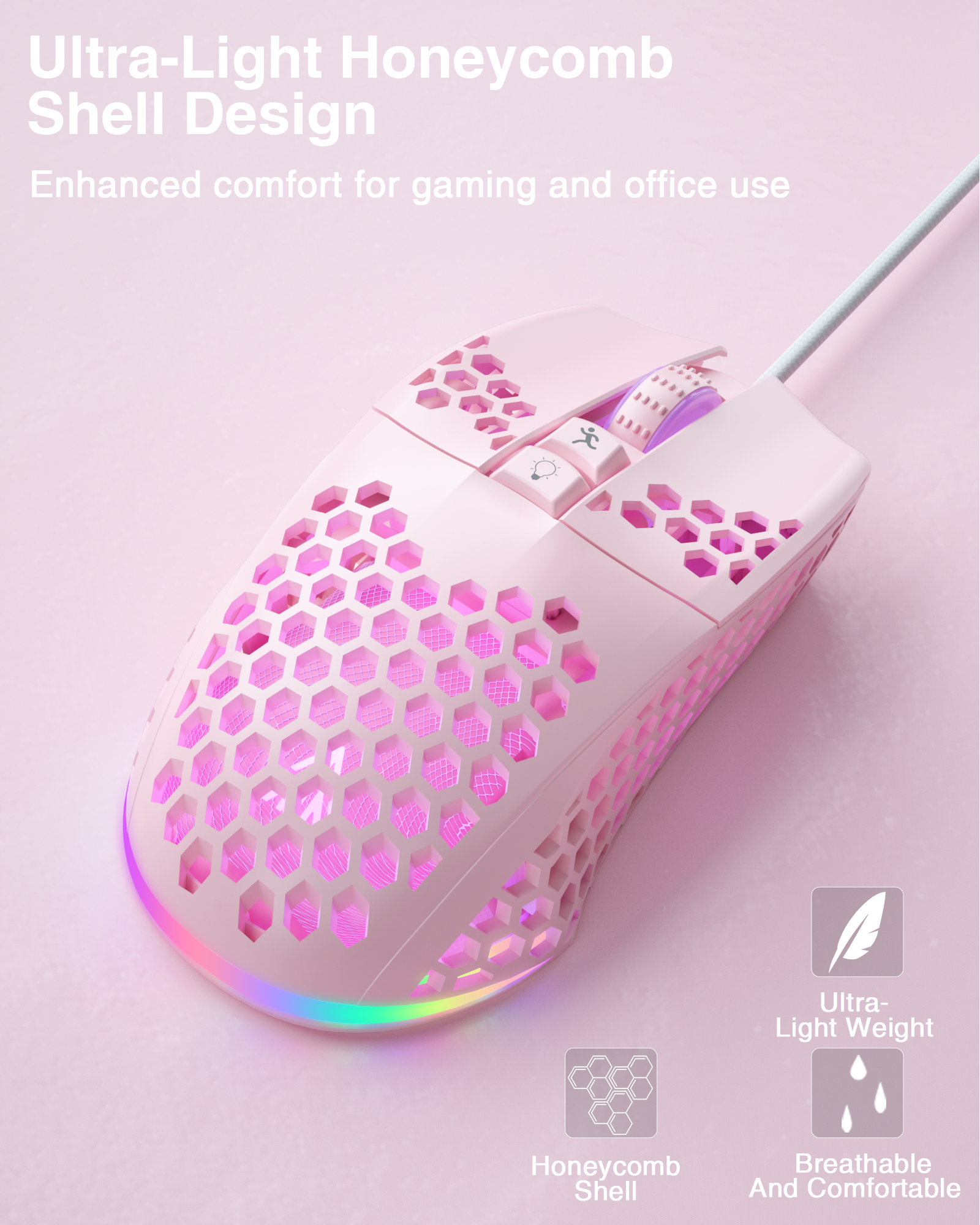 SOLAKAKA SM900 Wired Gaming Mouse with Honeycomb Shell，pink