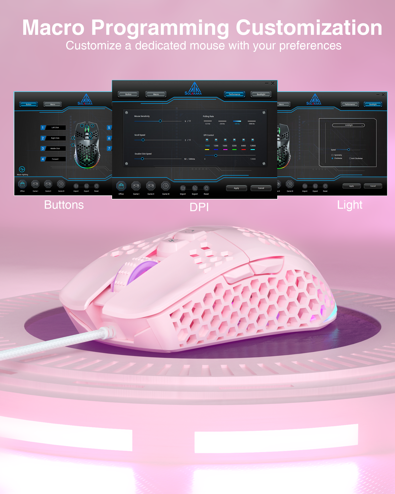 SOLAKAKA SM900 Wired Gaming Mouse with Honeycomb Shell，pink