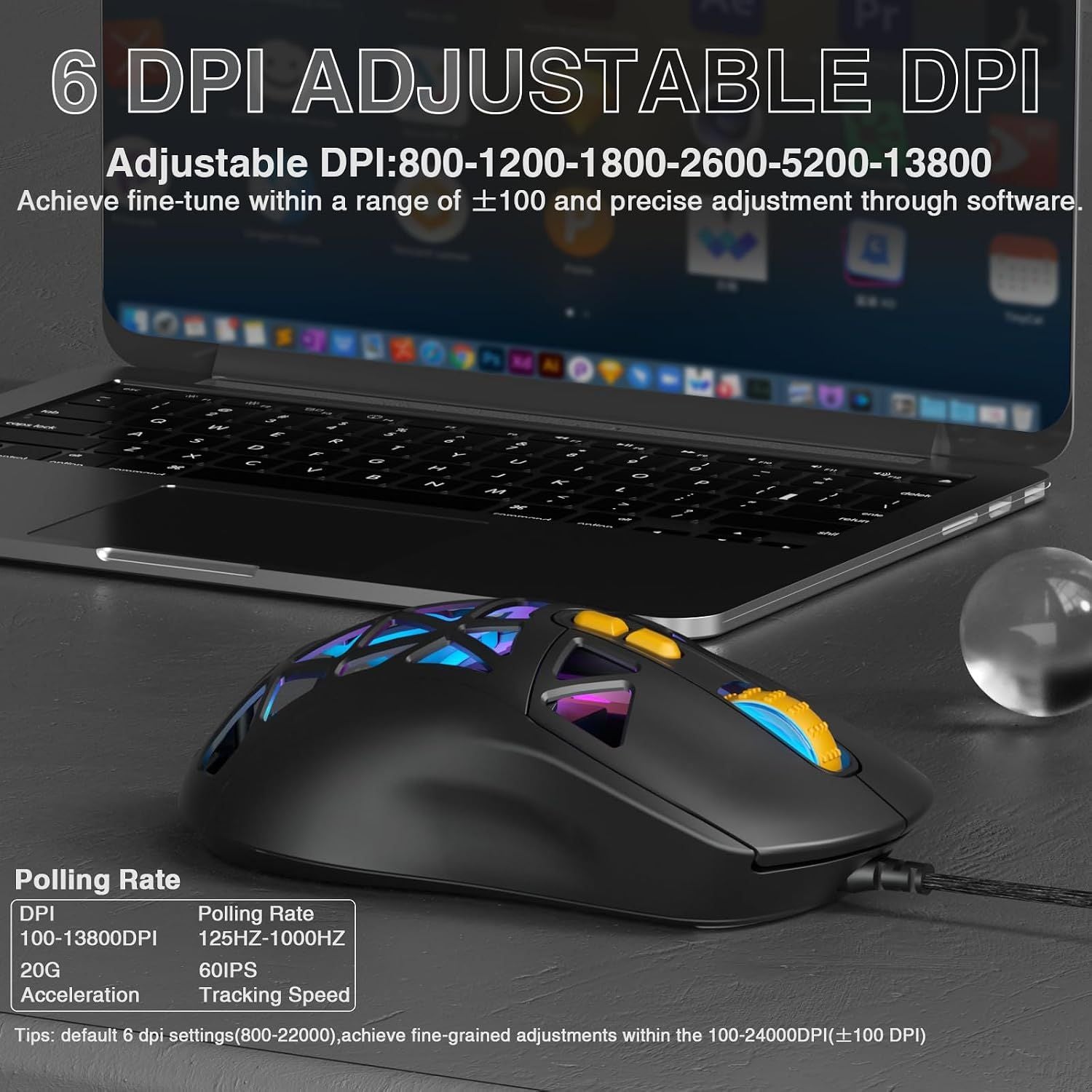 SOLAKAKA SM901 Gaming Mouse,13800DPI RGB Mouse with Programmable Buttons,53g Lightweight Wired Mouses for Gamer,Black