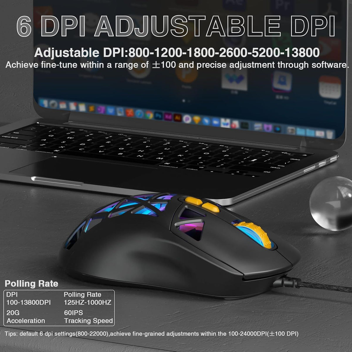 SOLAKAKA SM901 Gaming Mouse,13800DPI RGB Mouse with Programmable Buttons,53g Lightweight Wired Mouses for Gamer,Black