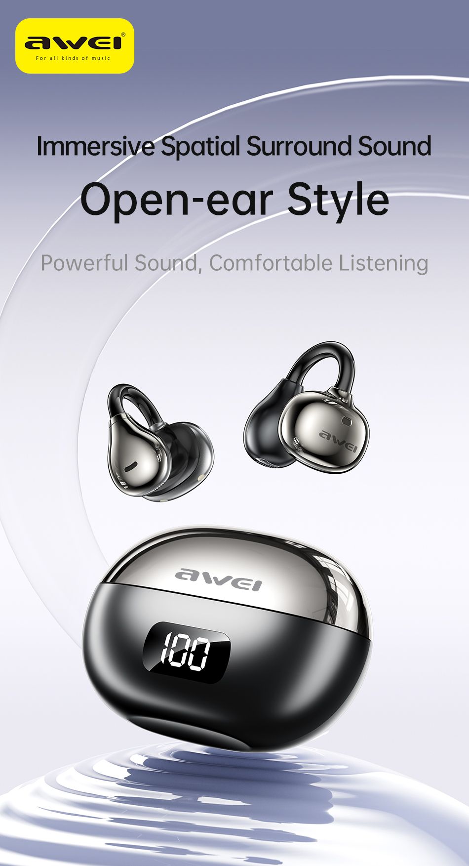 AWEI TZ50 Open Ear Wireless Earbuds with LED Power Display,black