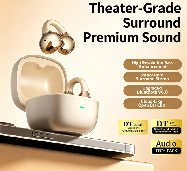 Y63 Zero Pressure Open Ear Wireless Earbuds Bluetooth 6.0 Heavy Bass Headphones，Cream Skin