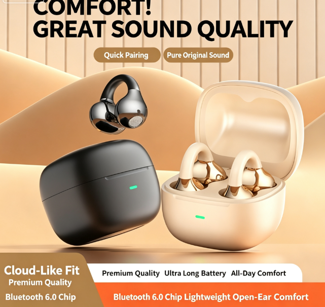 Y63 Zero Pressure Open Ear Wireless Earbuds Bluetooth 6.0 Heavy Bass Headphones，Cream Skin