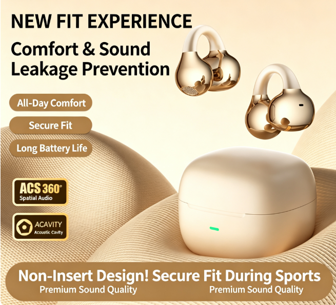Y63 Zero Pressure Open Ear Wireless Earbuds Bluetooth 6.0 Heavy Bass Headphones，Cream Skin