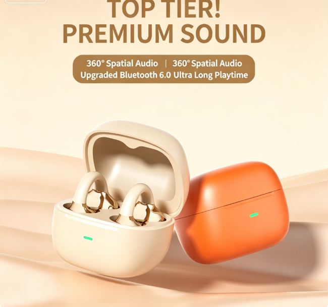 Y63 Zero Pressure Open Ear Wireless Earbuds Bluetooth 6.0 Heavy Bass Headphones，Cream Skin