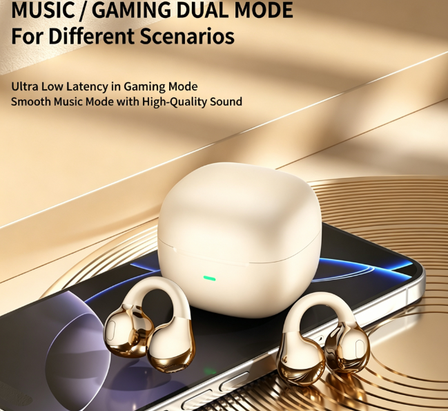 Y63 Zero Pressure Open Ear Wireless Earbuds Bluetooth 6.0 Heavy Bass Headphones，Cream Skin