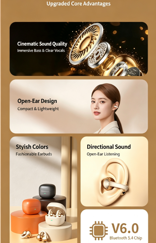Y63 Zero Pressure Open Ear Wireless Earbuds Bluetooth 6.0 Heavy Bass Headphones，Cream Skin