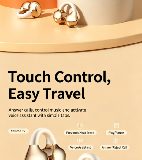 Y63 Zero Pressure Open Ear Wireless Earbuds Bluetooth 6.0 Heavy Bass Headphones，Cream Skin