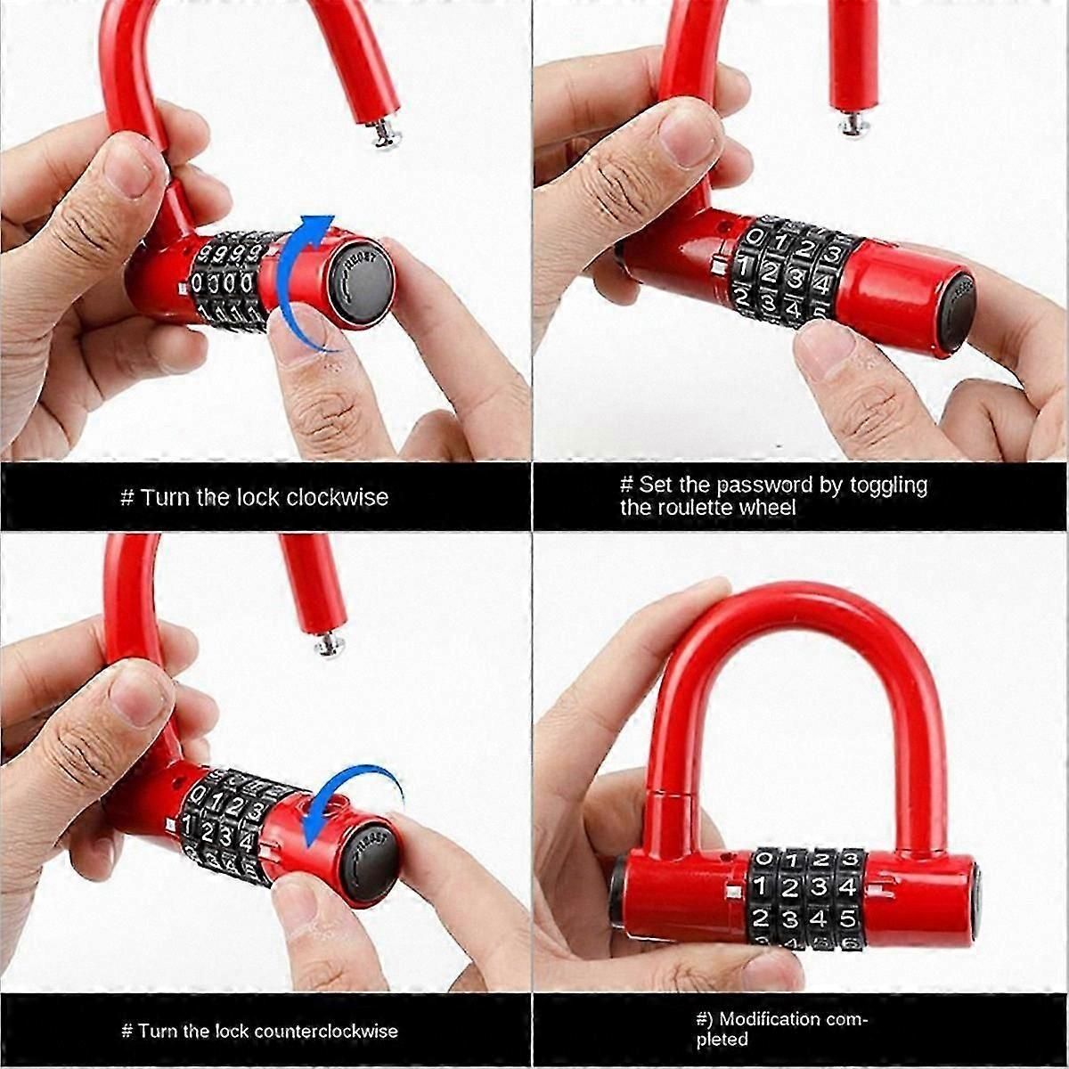 4-Digit U-Shape Bicycle Lock, Anti-Theft Weatherproof Metal Body, Red Finish
