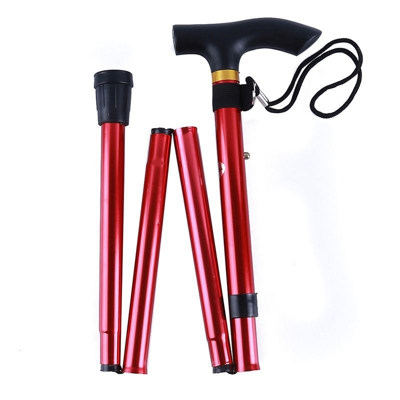 Folding Walking Stick Adjustable Aluminium Alloy Hiking Pole Lightweight Collapsible Trekking Cane for Camping Travel Outdoor Activities - Red