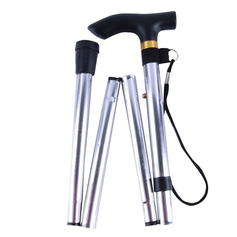 Folding Walking Stick Adjustable Aluminium Alloy Hiking Pole Lightweight Collapsible Trekking Cane for Camping Travel Outdoor Activities - Silver
