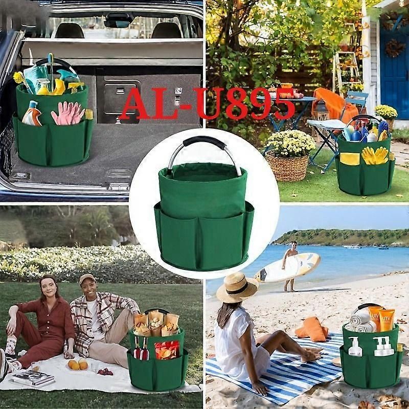 Foldable Storage Basket with Handle and Multiple Pockets, Waterproof Picnic and Camping Organizer - Green