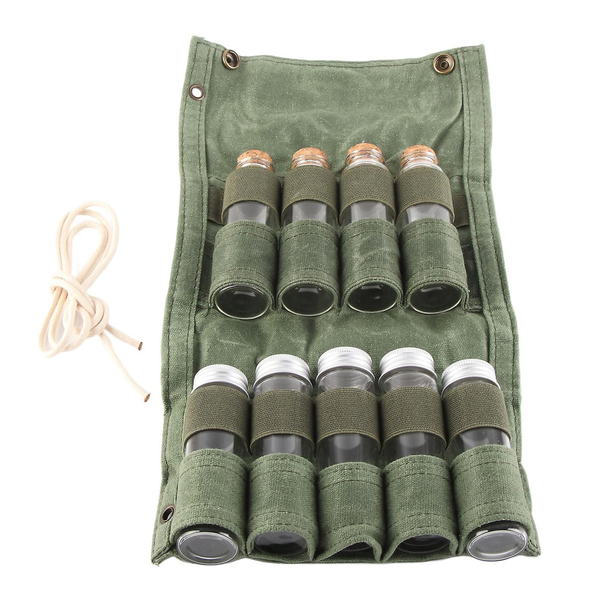 Camping Spice Storage Bag with 9 Glass Jars, Canvas Foldable Condiment Organiser for Outdoor Cooking