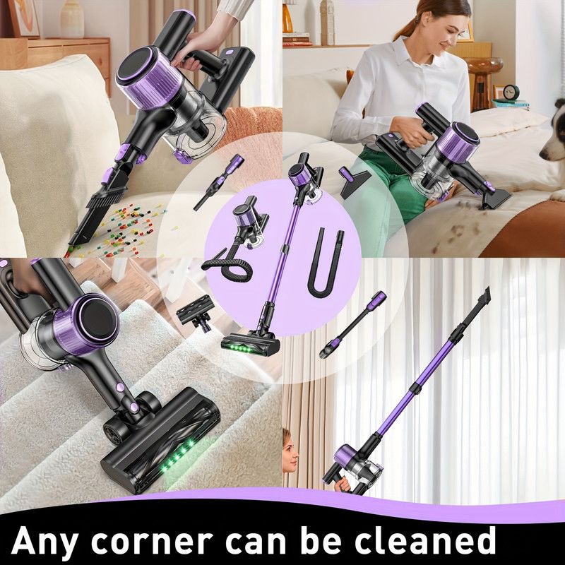 Cordless Vacuum Cleaner, 10 in 1 Stick Vacuum with Powerful Suction, Hose, Green LED Light, Anti-Tangle Brush, 55Kpa Lightweight Rechargeable Vacuum Cleaner for Home, Hardwood Floors, Carpets, Pet Hair.