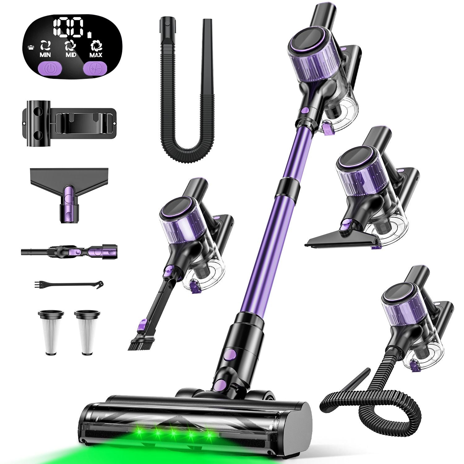 Cordless Vacuum Cleaner, 10 in 1 Stick Vacuum with Powerful Suction, Hose, Green LED Light, Anti-Tangle Brush, 55Kpa Lightweight Rechargeable Vacuum Cleaner for Home, Hardwood Floors, Carpets, Pet Hair.
